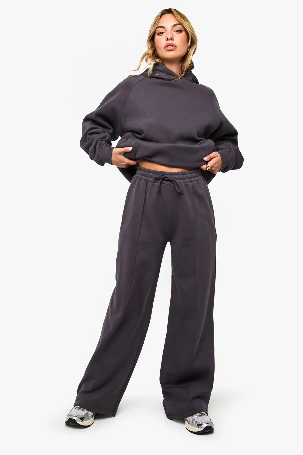 Pintuck Detail Deep Waistband Wide Leg Jogger Pants - Knitted