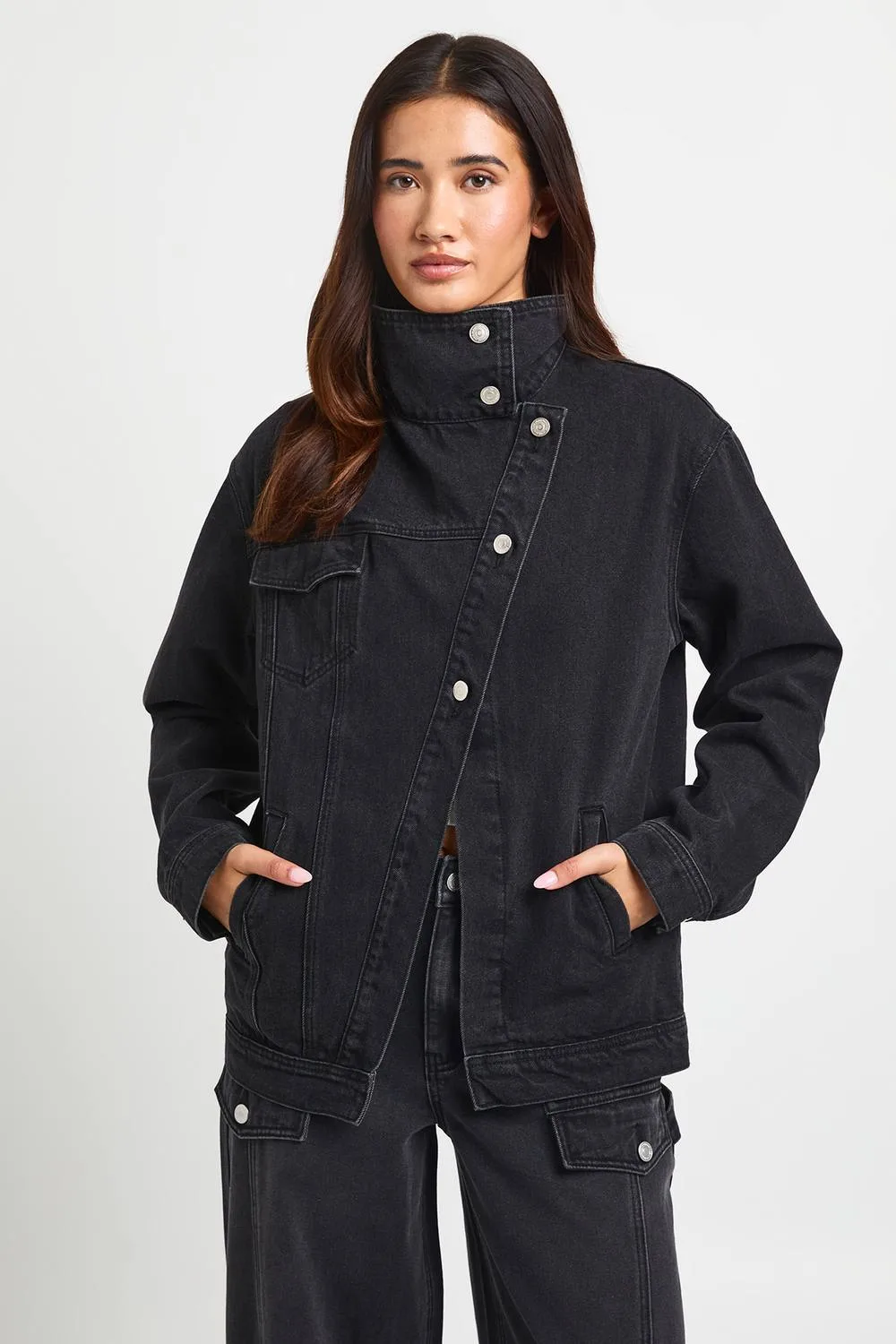 Funnel Neck Asymmetric Denim Jacket - Denim/Cotton by boohoo