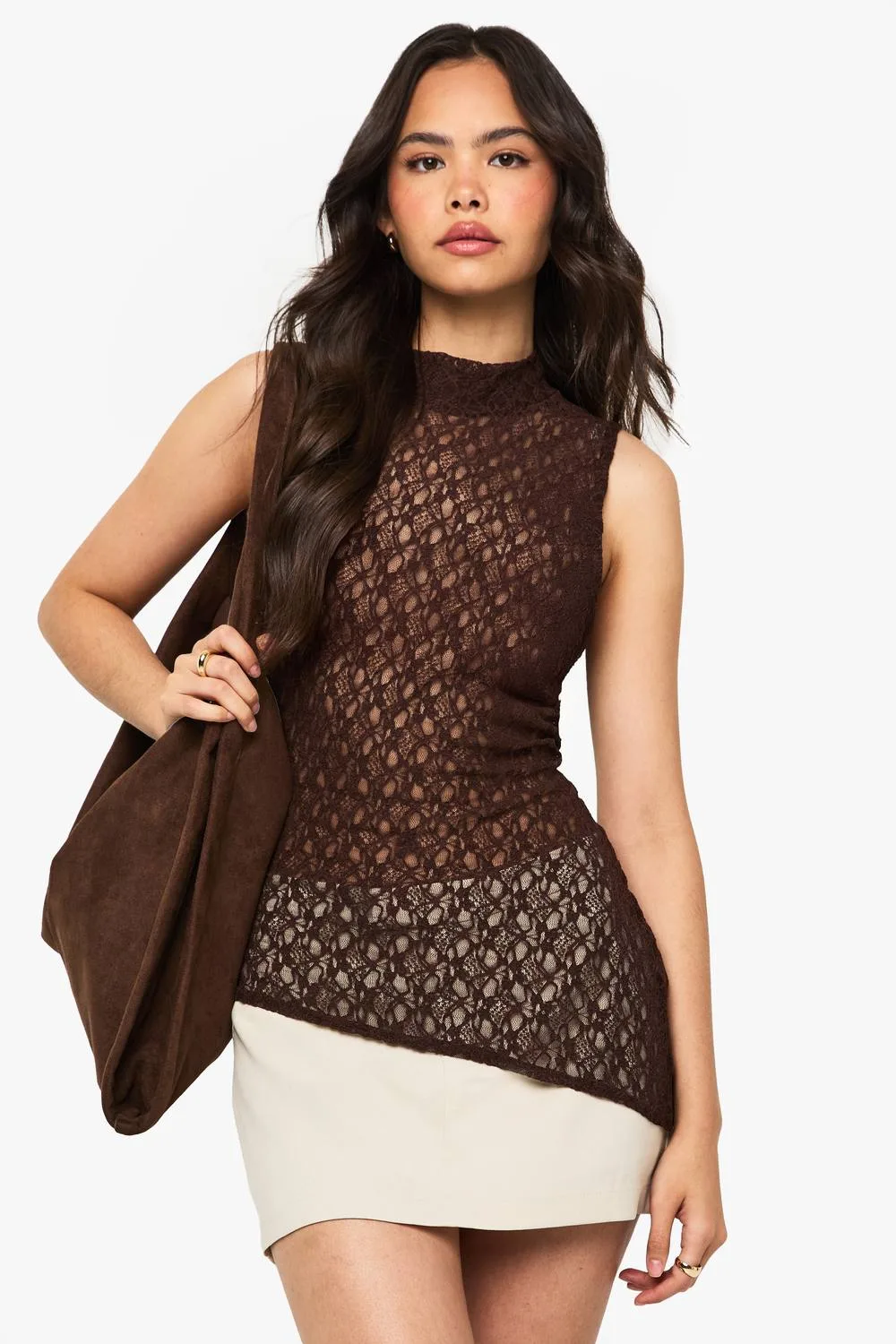Lace Grown on Neck Asym Hem Top - Denim by boohoo