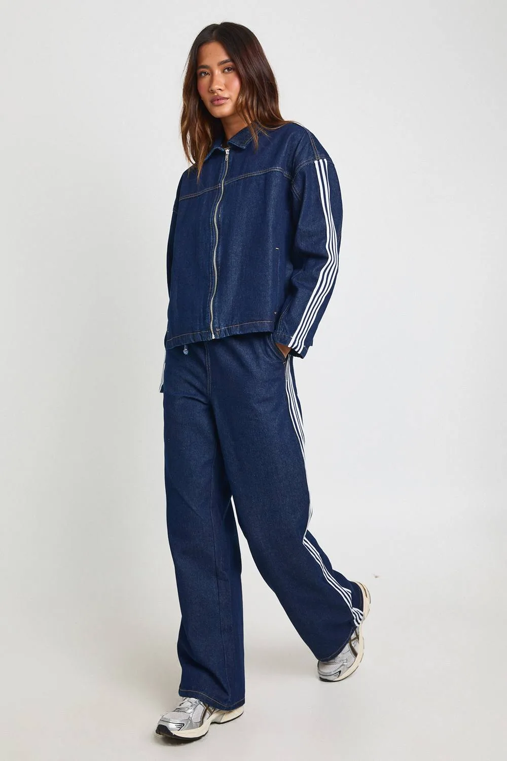 Stripe Detail Elasticated Wide Leg Jean - Denim/Cotton/Polyurethane by boohoo