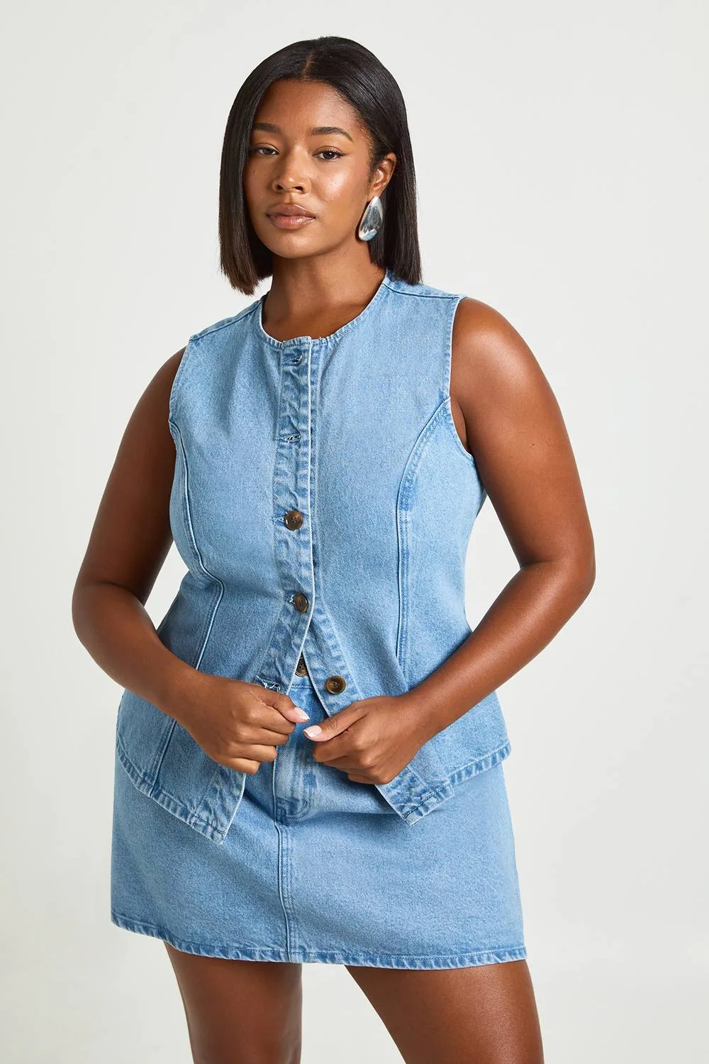 Denim Horn Button Down Waistcoat by boohoo