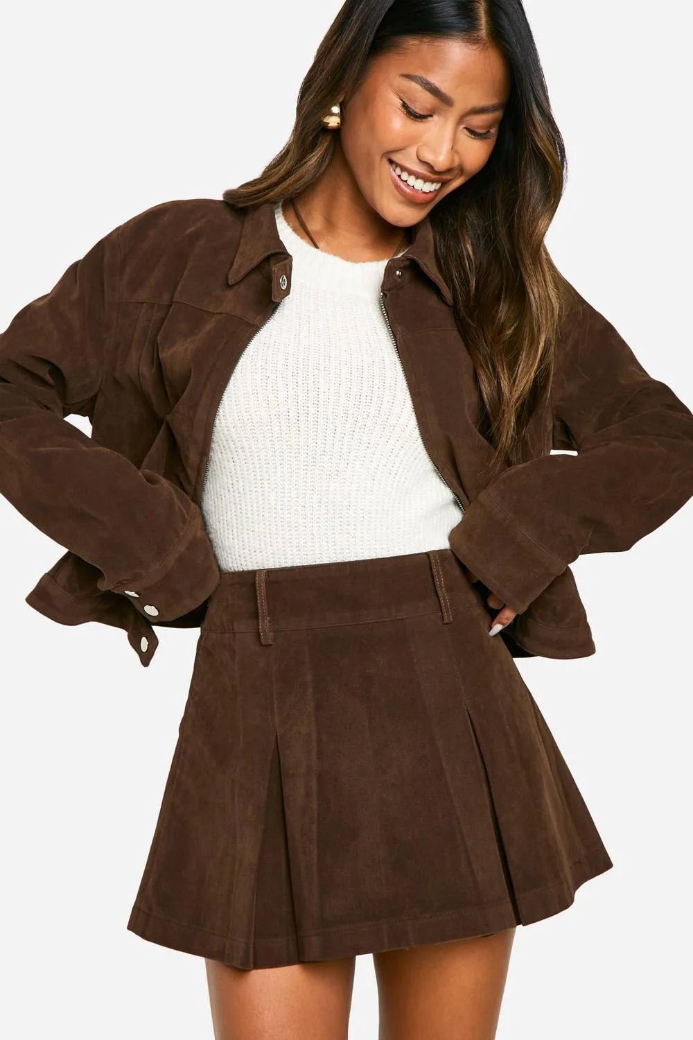 Faux Suede Mini Pleated Skirt by boohoo