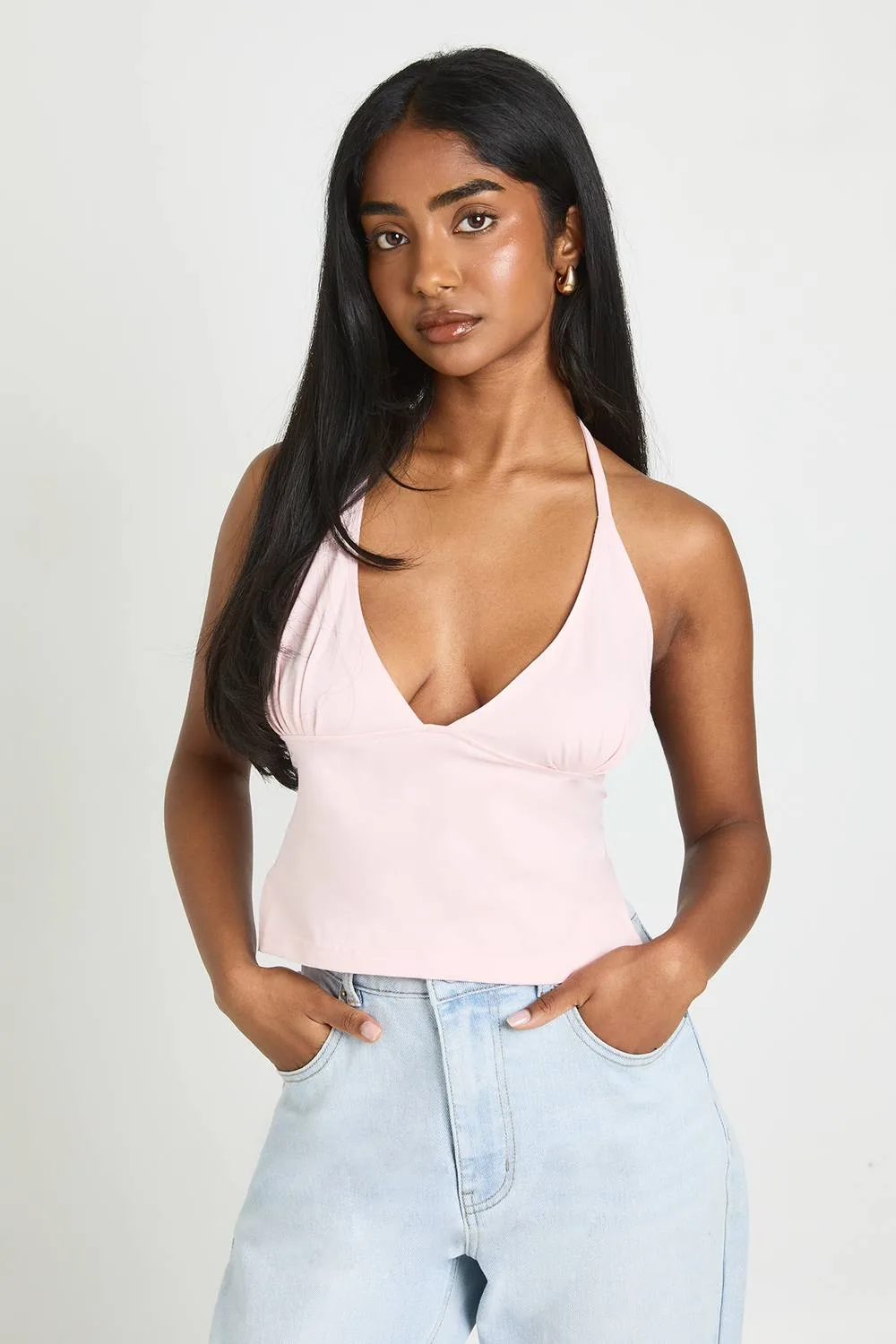 Soft Cotton Hook & Eye Backless Halterneck Top - Denim/Cotton/Elastane by boohoo