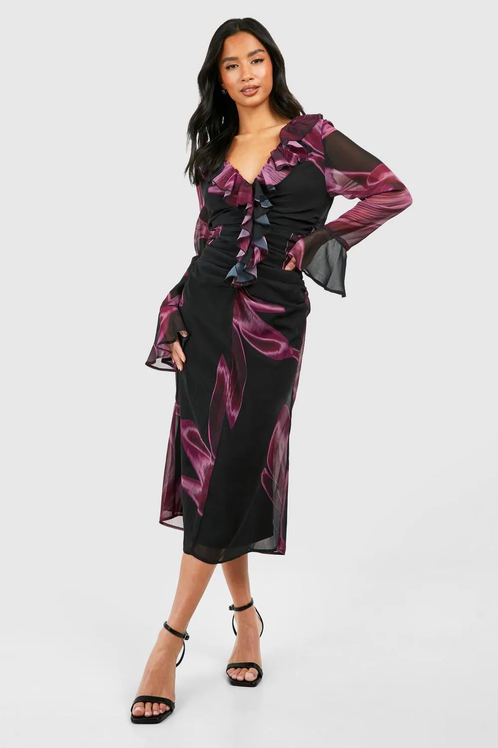 Dark Floral Ruffle Ruched Woven Midaxi Dress by boohoo