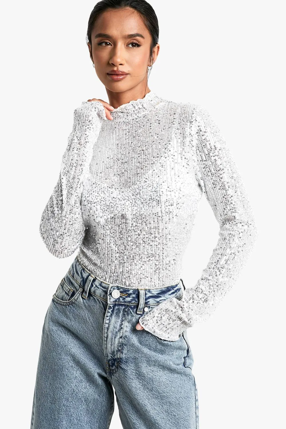 Sequin High Neck Long Sleeved Top - Woven by boohoo