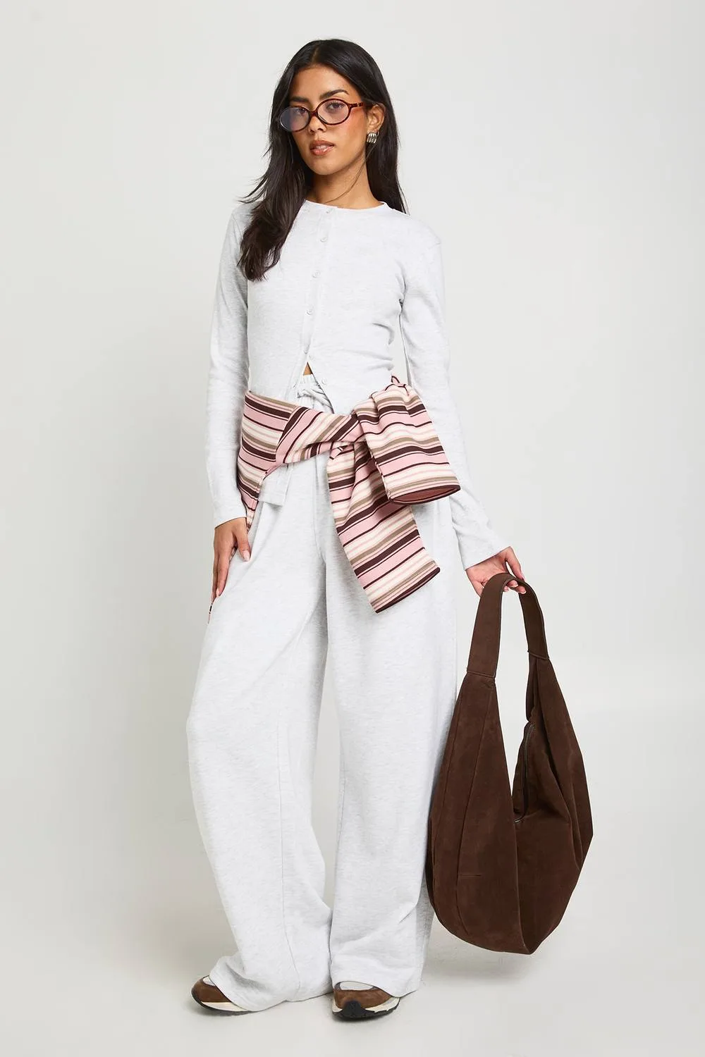 Rib Button Through Long Sleeve Top Tracksuit - Cotton by boohoo