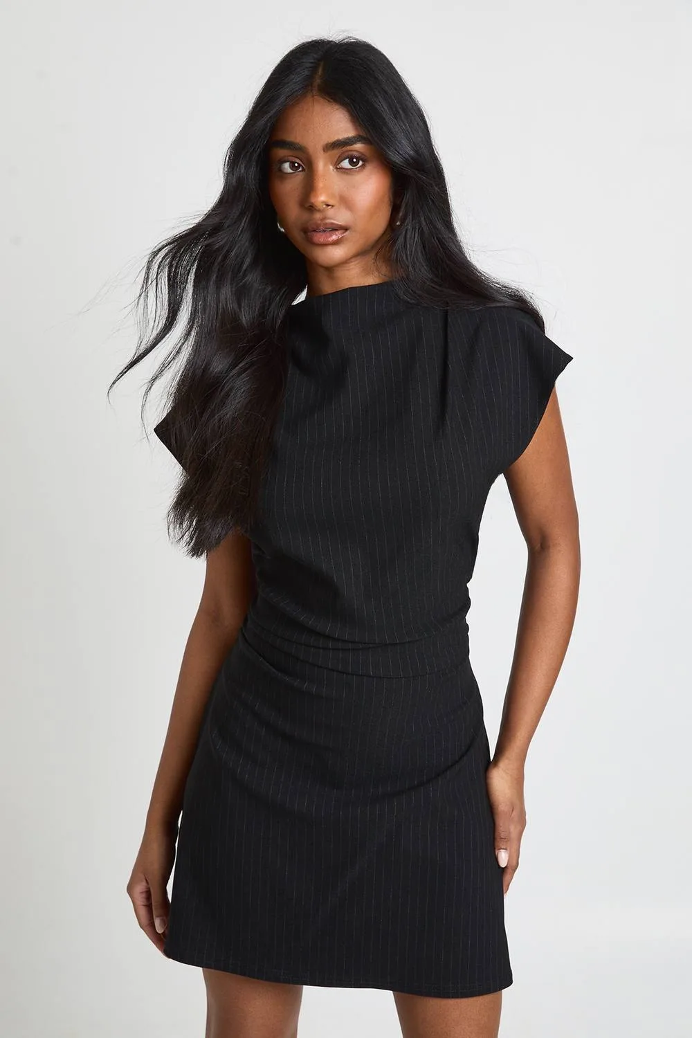 Pinstripe Ruched High Neck Cap Sleeve Shift Dress by boohoo