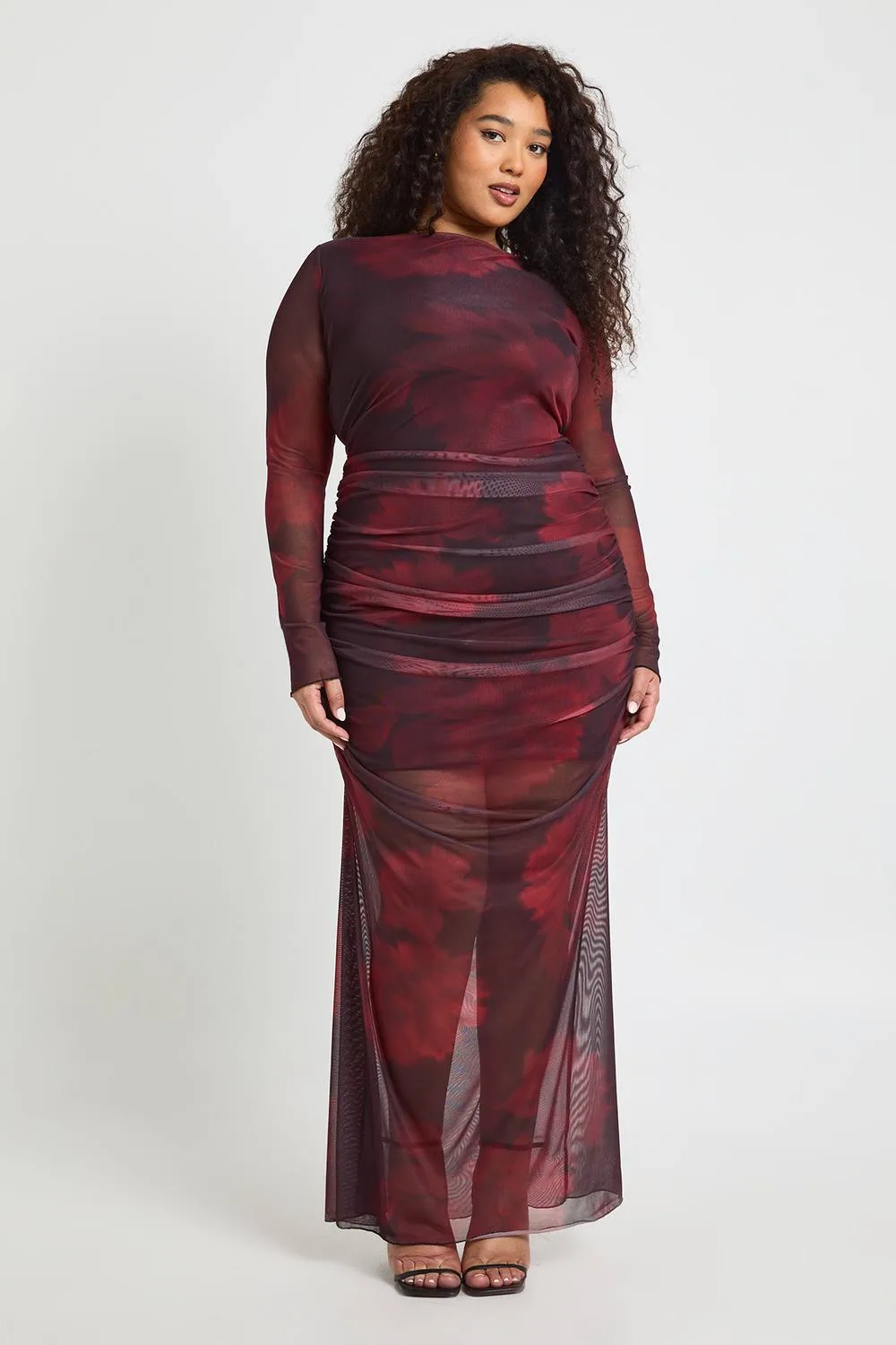 Floral Ruched Mesh Maxi Dress