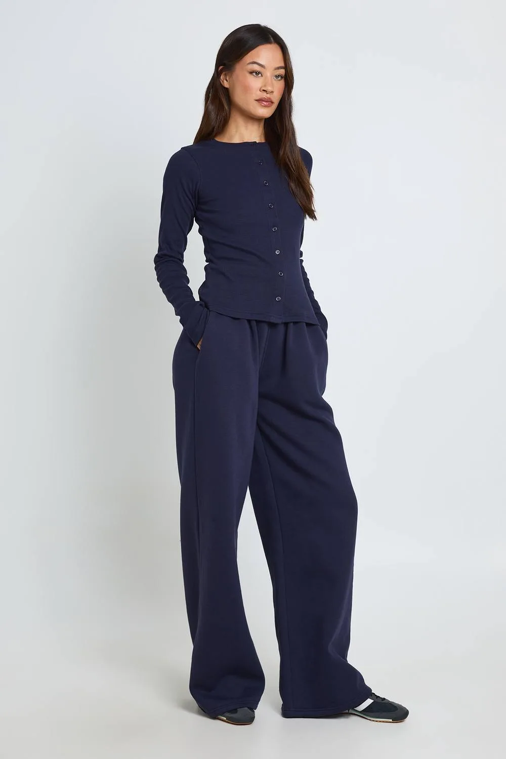 Rib Button Through Long Sleeve Top Tracksuit - Elastane/Polyurethane