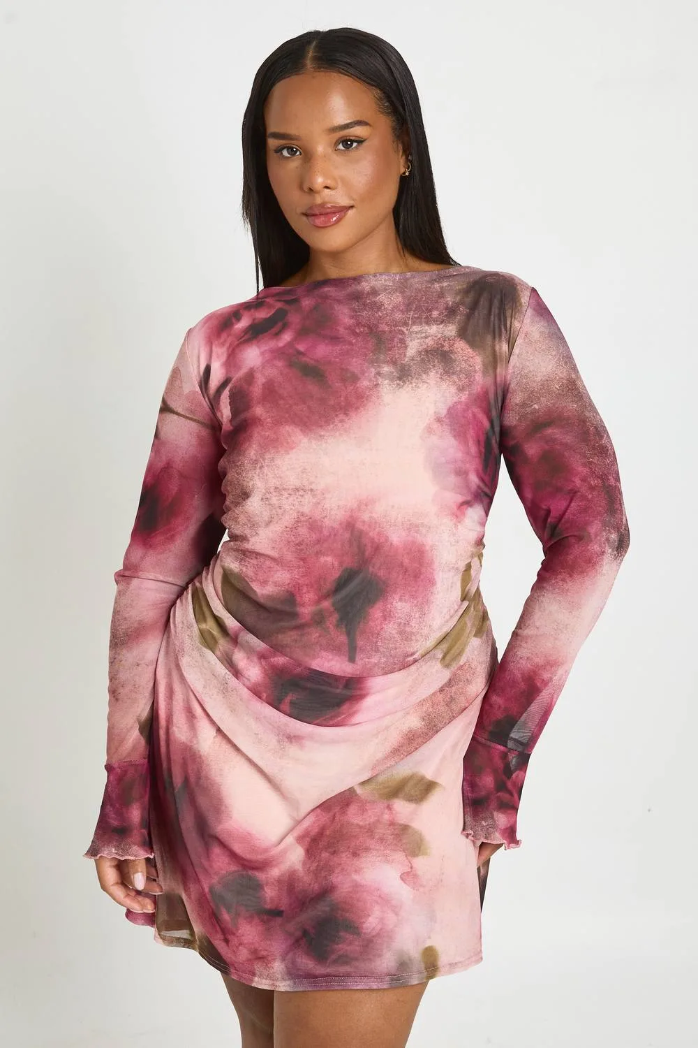 Floral Ruched Mini Shift Dress - Mesh/Polyurethane by boohoo