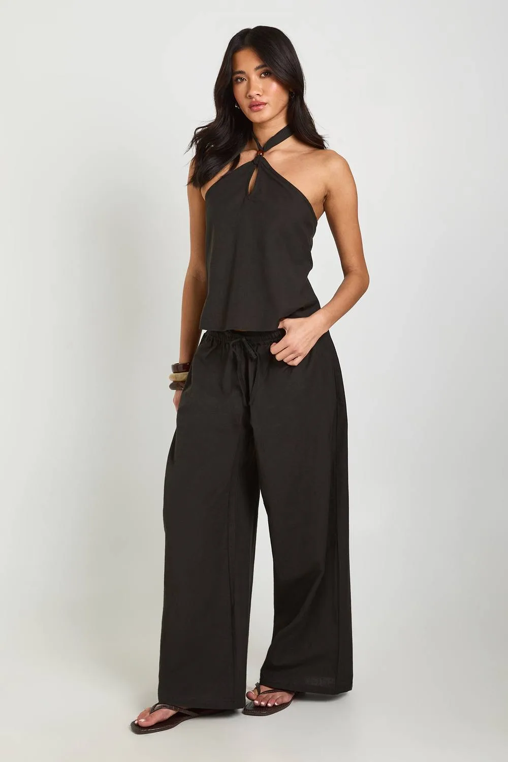 Linen Look Beaded Halter Neck Top & Slouchy Trouser Co-Ord - Denim/Linen/Polyurethane by boohoo