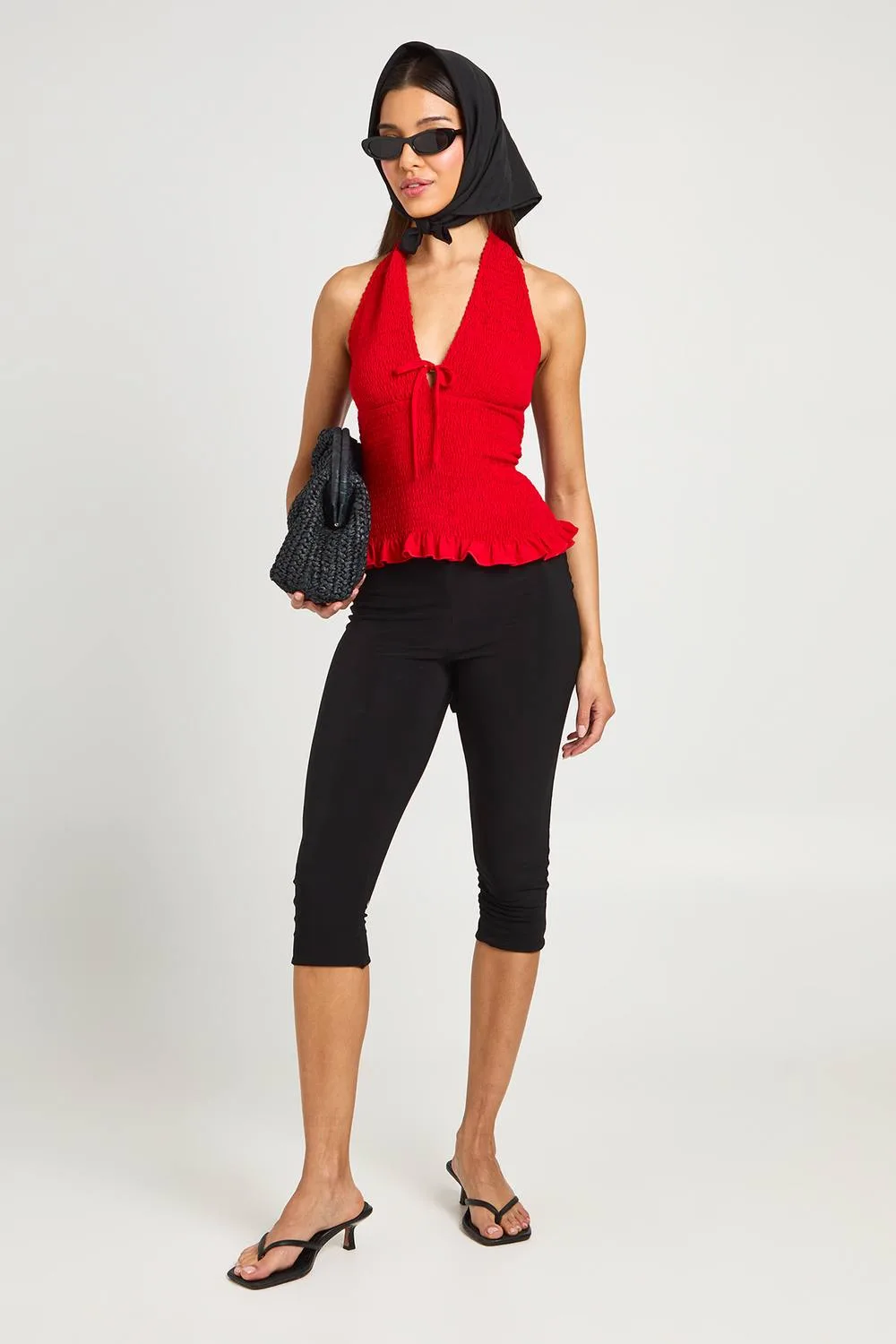 Tie Front Shirred Halterneck Top - Polyurethane/Woven by boohoo