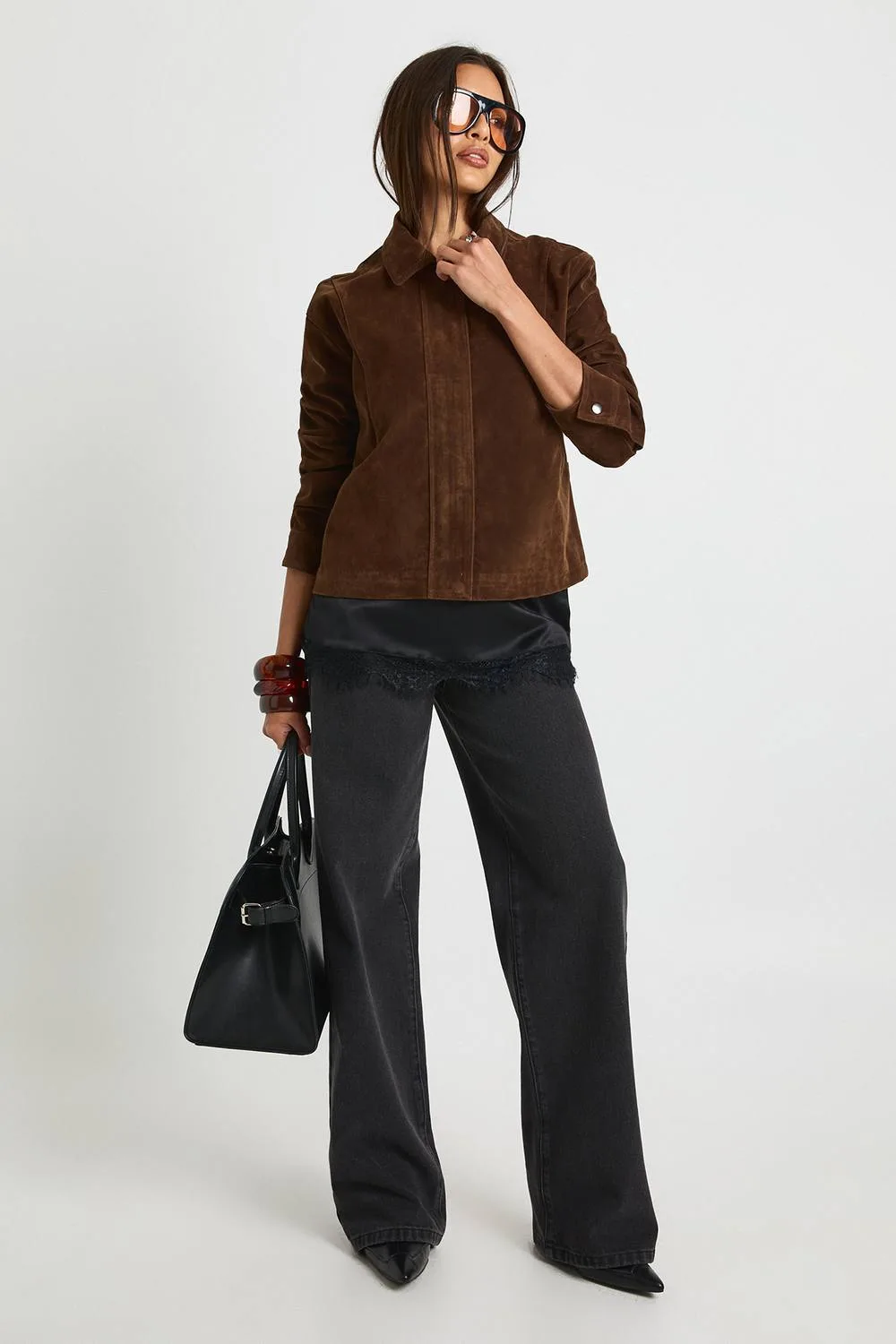 Faux Suede Collared Jacket - Plastic by boohoo