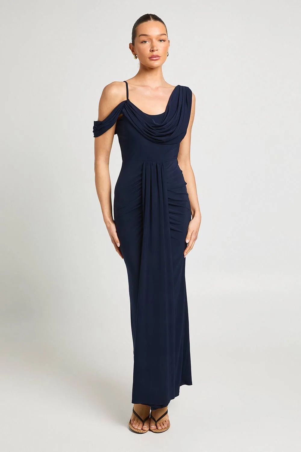 Double Layer Slinky Drape Front Cold Shoulder Maxi Dress - Knitted by boohoo