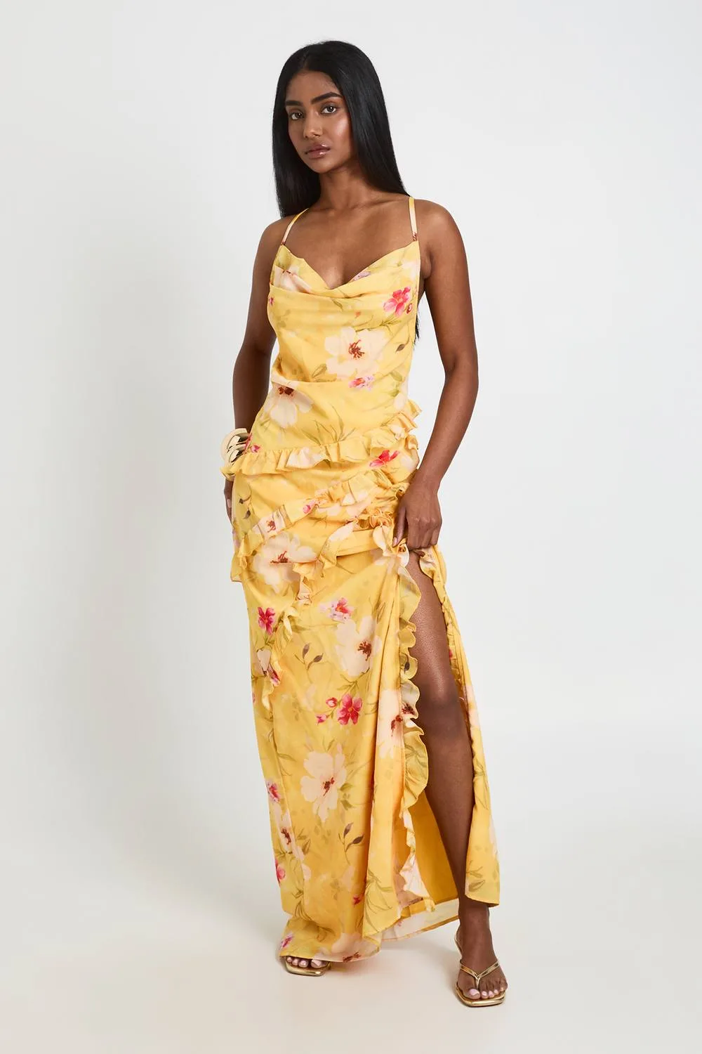 Floral Chiffon Layered Ruffle Detail Maxi Dress - Chiffon/Woven
