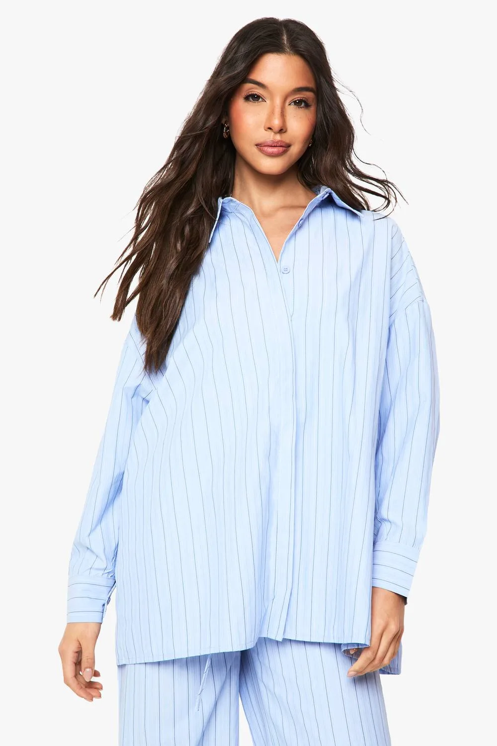 Stripe Drop Shoulder Oversized Shirt - Denim/Polyurethane by boohoo