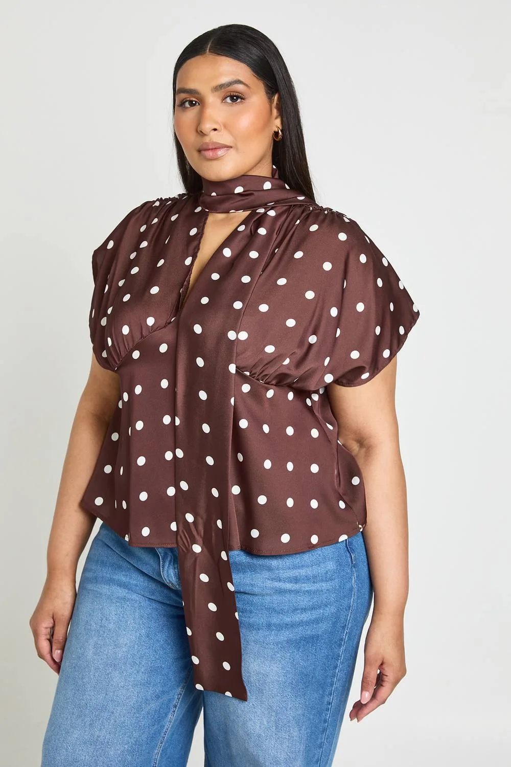 Scarf Detail Polka Dot Satin Top - Satin/Polyurethane by boohoo