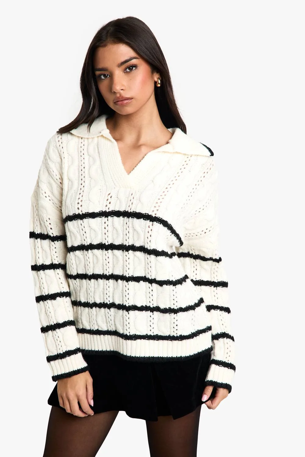 Soft Knit Cable Stripe Polo Collar Jumper - Denim by boohoo