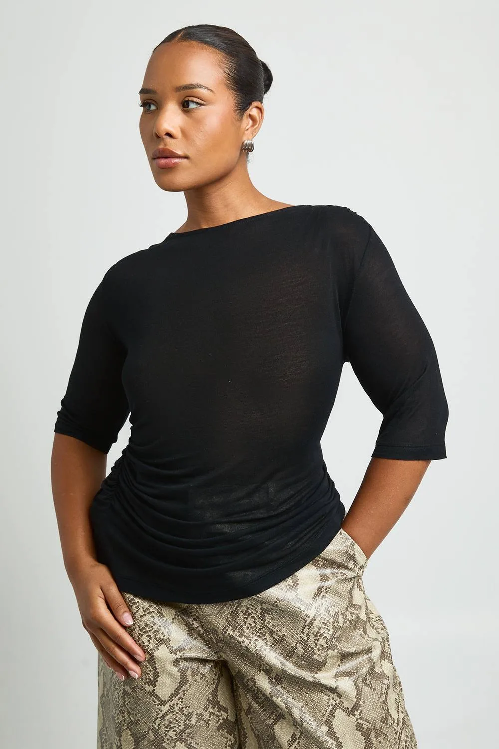Sheer Knit Ruched 3/4 Sleeve Top - Polyurethane by boohoo