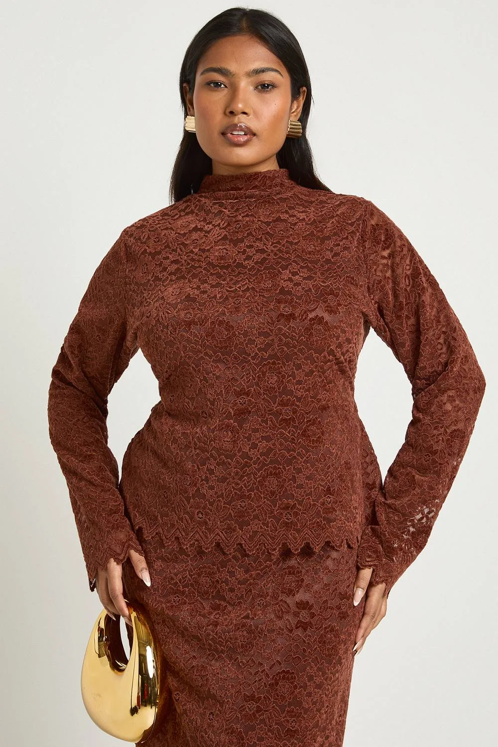 Premium Lace High Neck Long Sleeve Top - Knitted by boohoo
