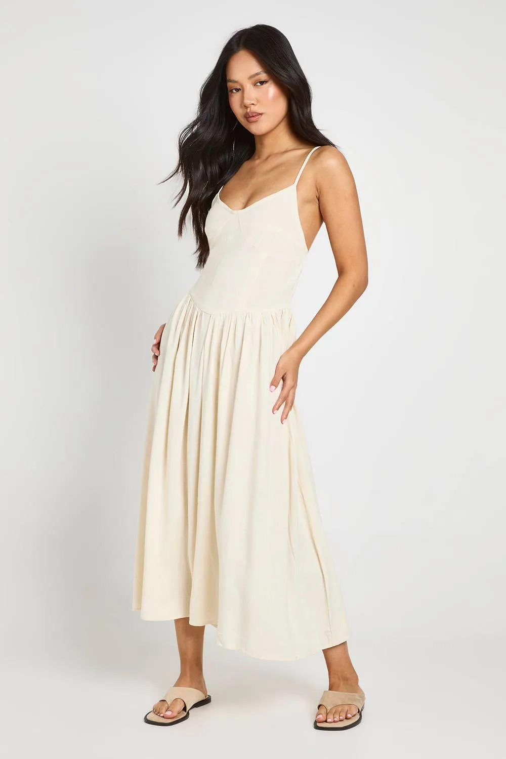 Premium Linen Corset Detail Midi Skater Dress - Denim/Linen/Polyurethane by boohoo