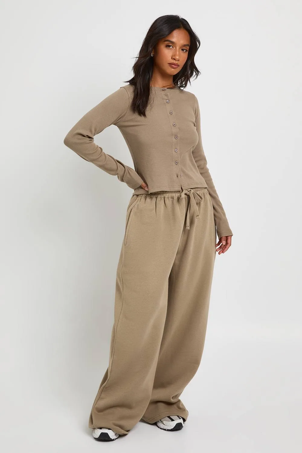 Rib Button Through Long Sleeve Top Tracksuit - Denim/Polyurethane