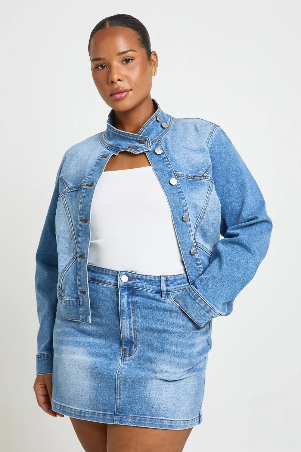 Denim Mini Skirt - Denim/Cotton/Satin by boohoo