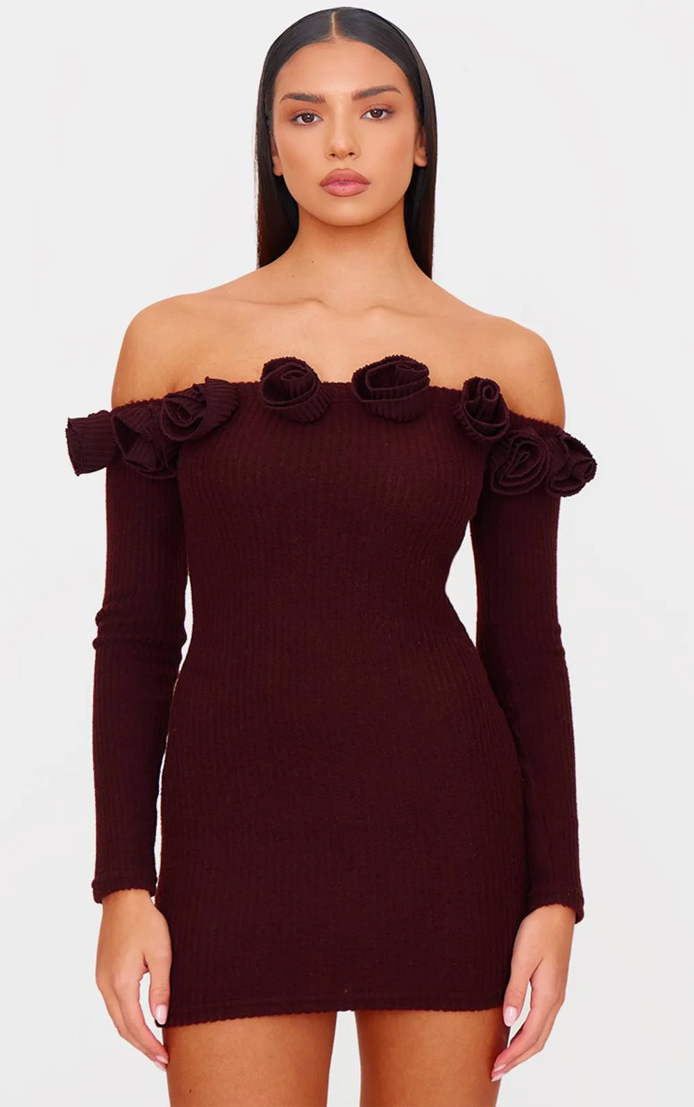 Brushed Rib Corsage Detail Bardot Bodycon Dress by PrettyLittleThing