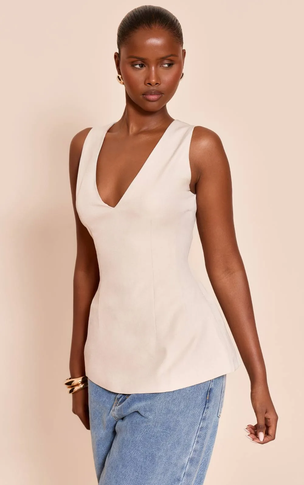 Woven V Neck Longline Top
