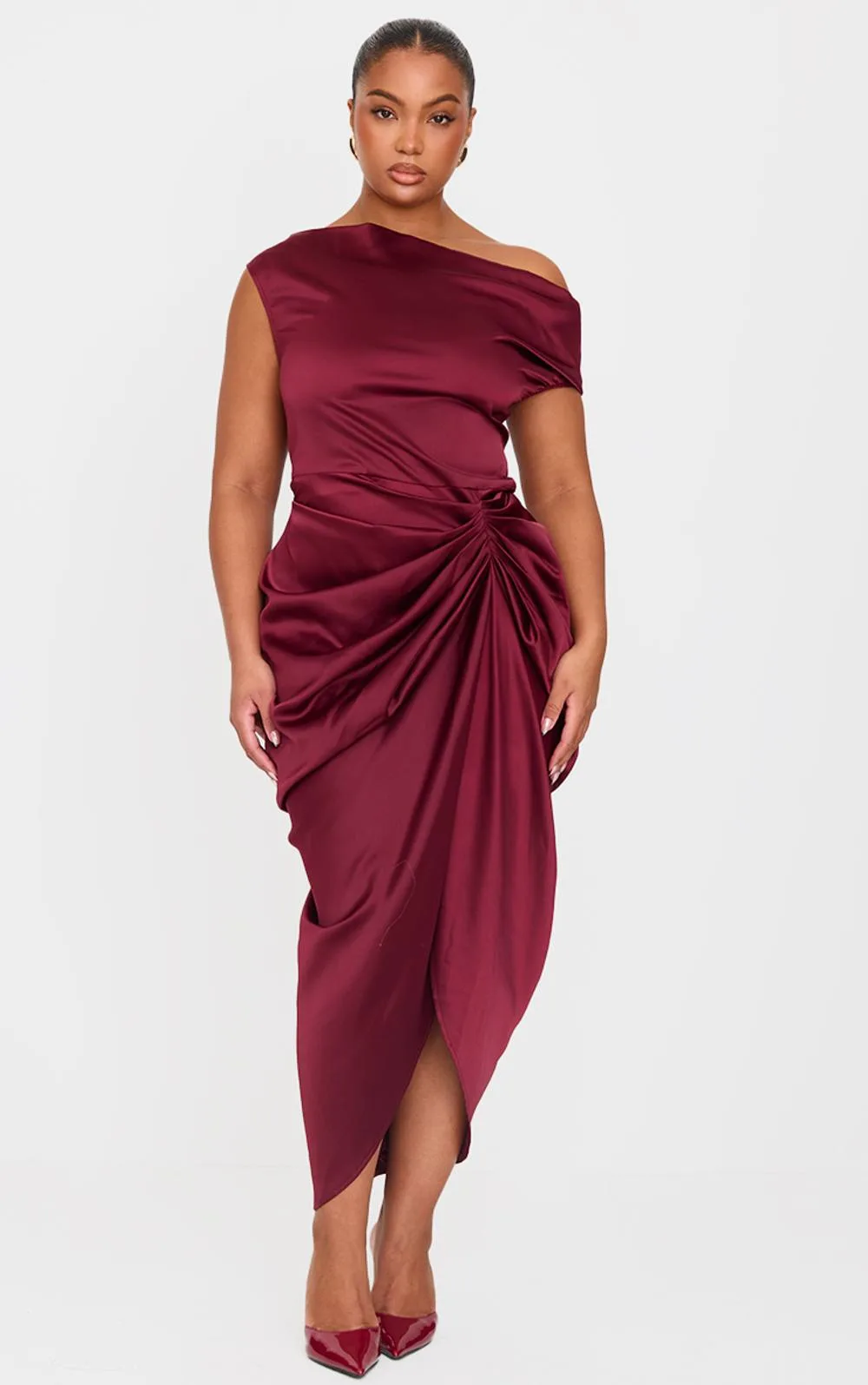 Satin Off the Shoulder Draped Skirt Midi Dress