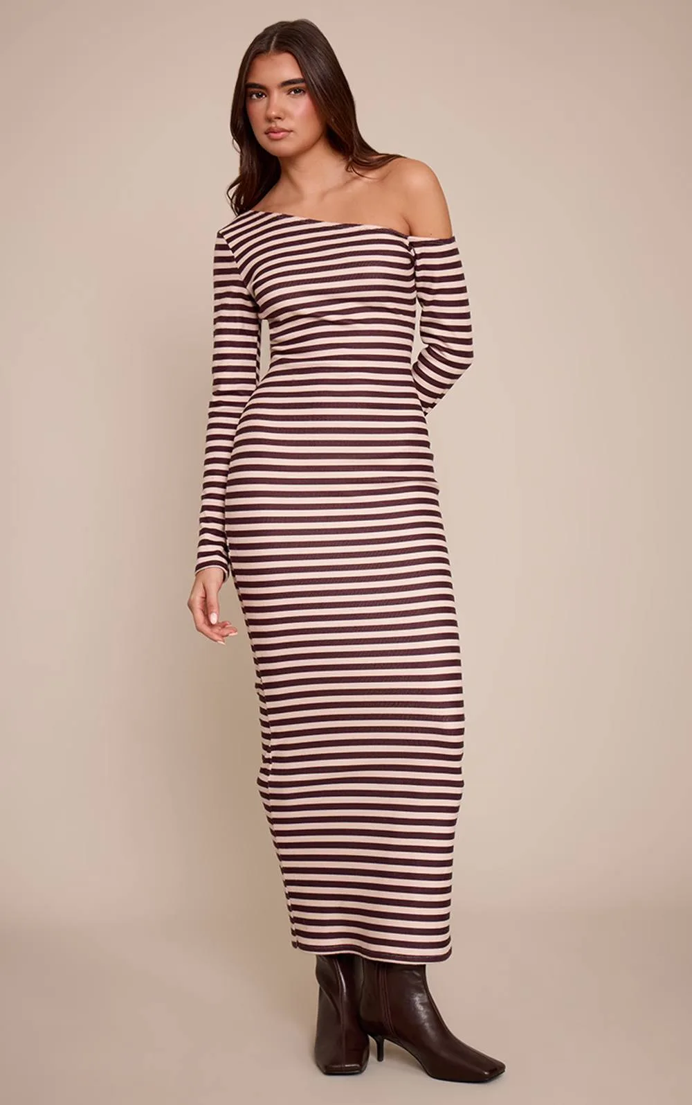 Striped Brushed Rib Striped Asymmetric Long Sleeve Maxi Dress by PrettyLittleThing