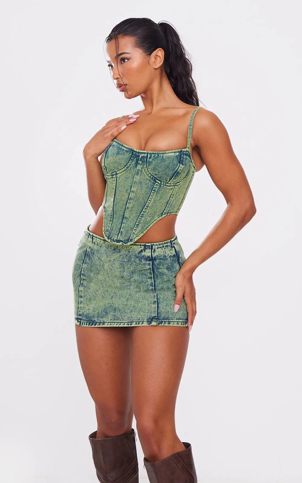 Green Tint Curved Hem Denim Corset Top by PrettyLittleThing