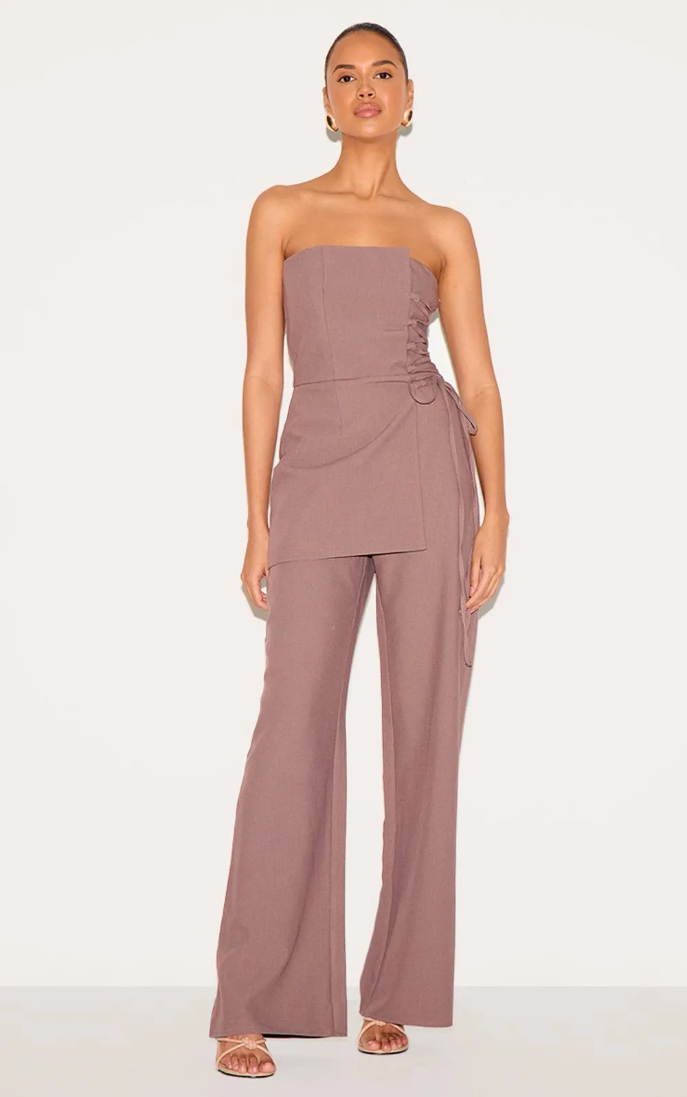 PLT Label Overlay Panel Laced Up Tailored Jumpsuit by PrettyLittleThing