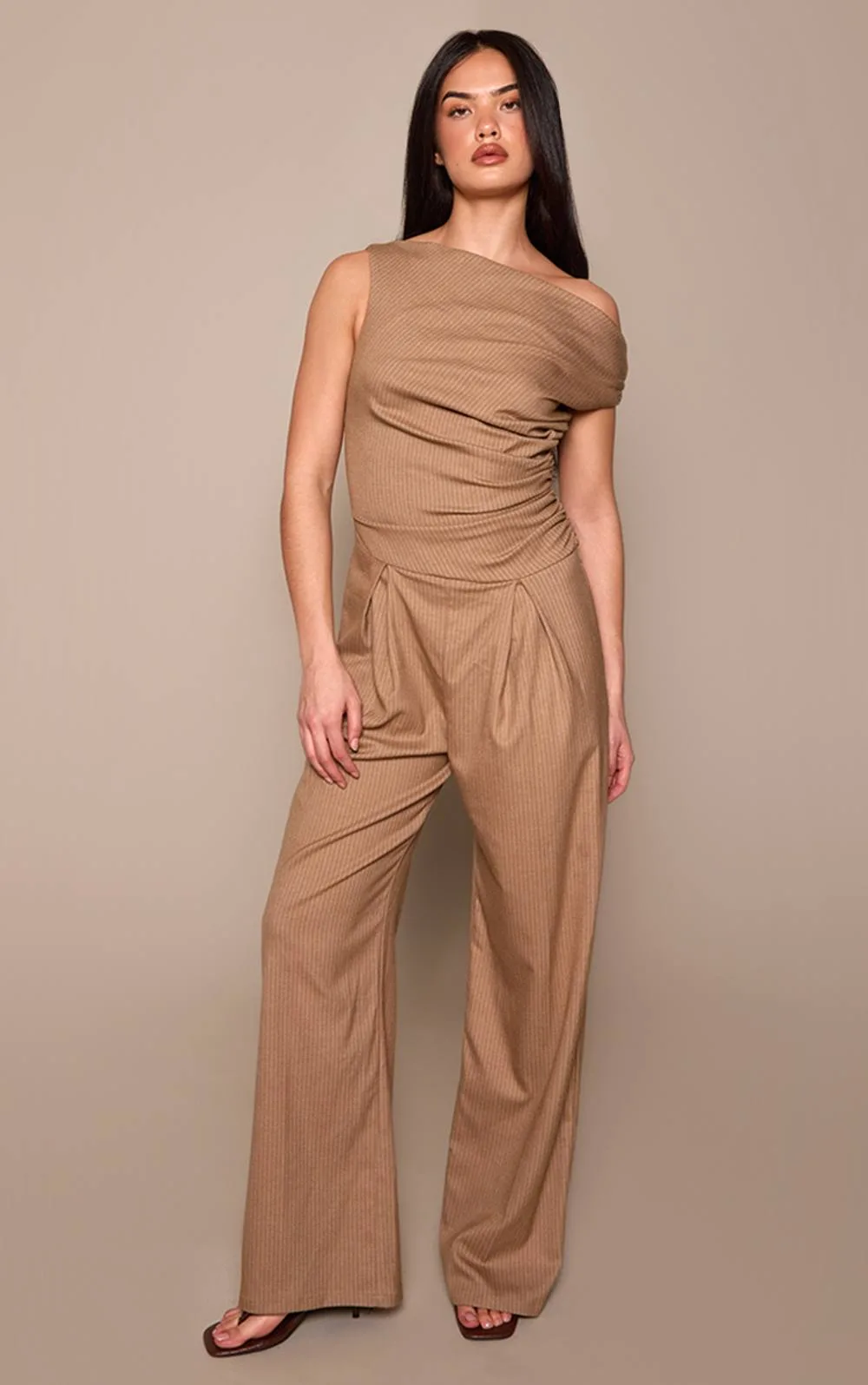 Woven Pinstripe Asymmetric Wide Leg Jumpsuit by PrettyLittleThing