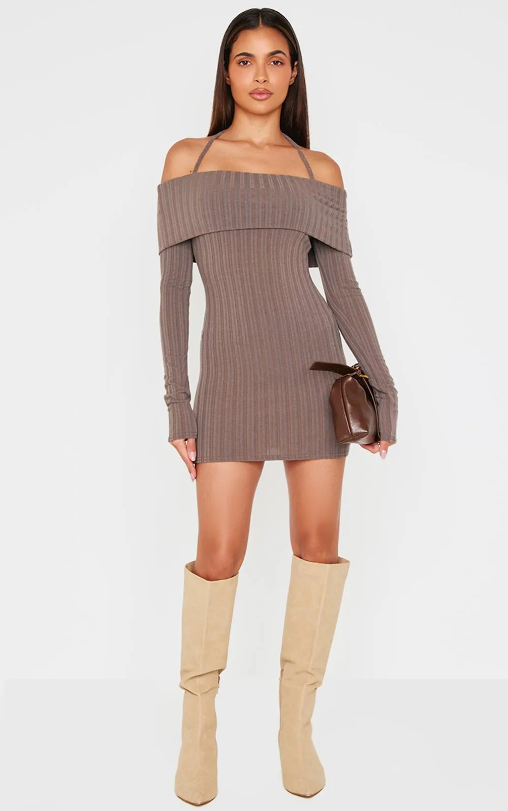 Rib Bardot Fold Over Bodycon Dress