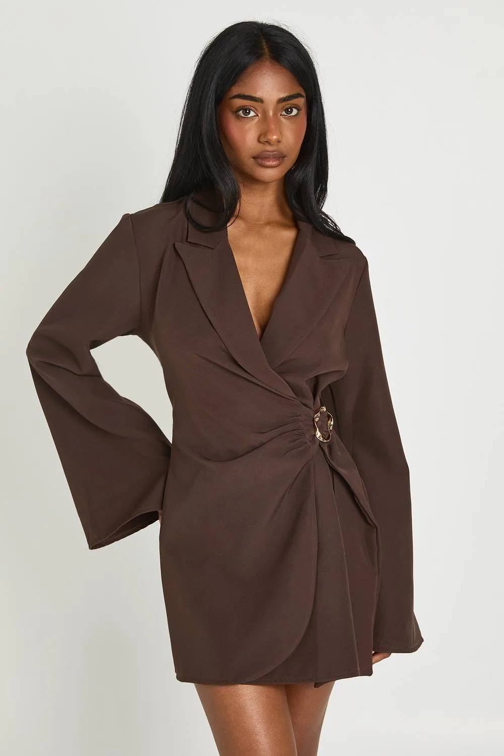 Buckle Detail Tie Waist Tailored Blazer Dress