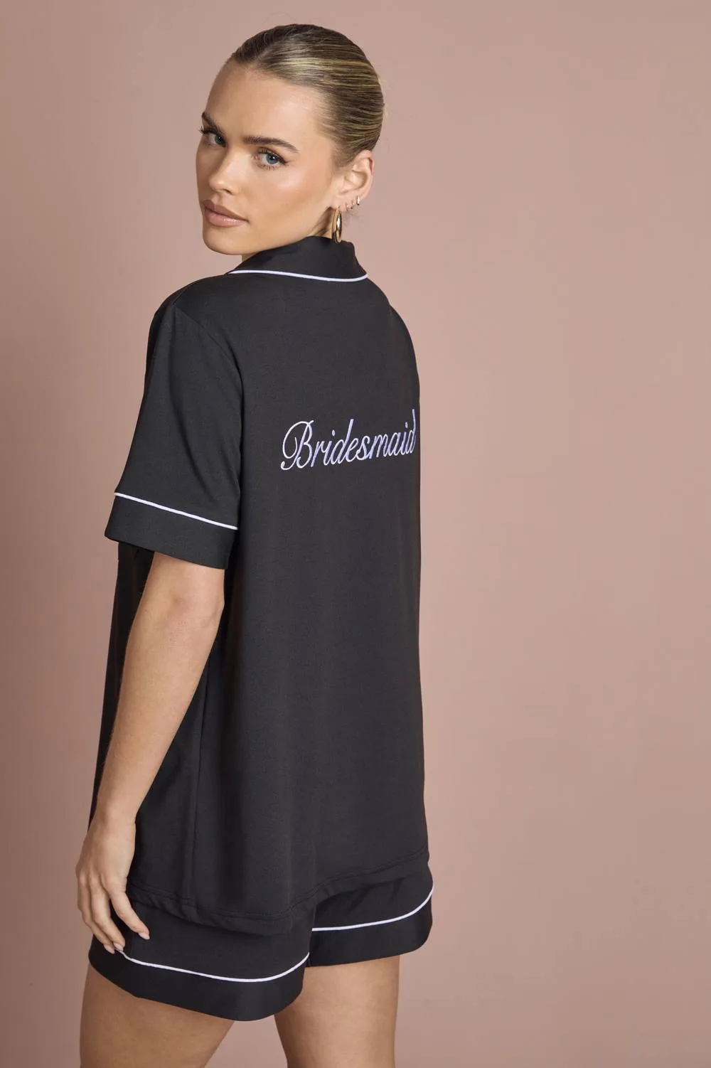 Bridesmaid Satin Embroidered Short Sleeve Shirt & Short Pyjama Set by boohoo