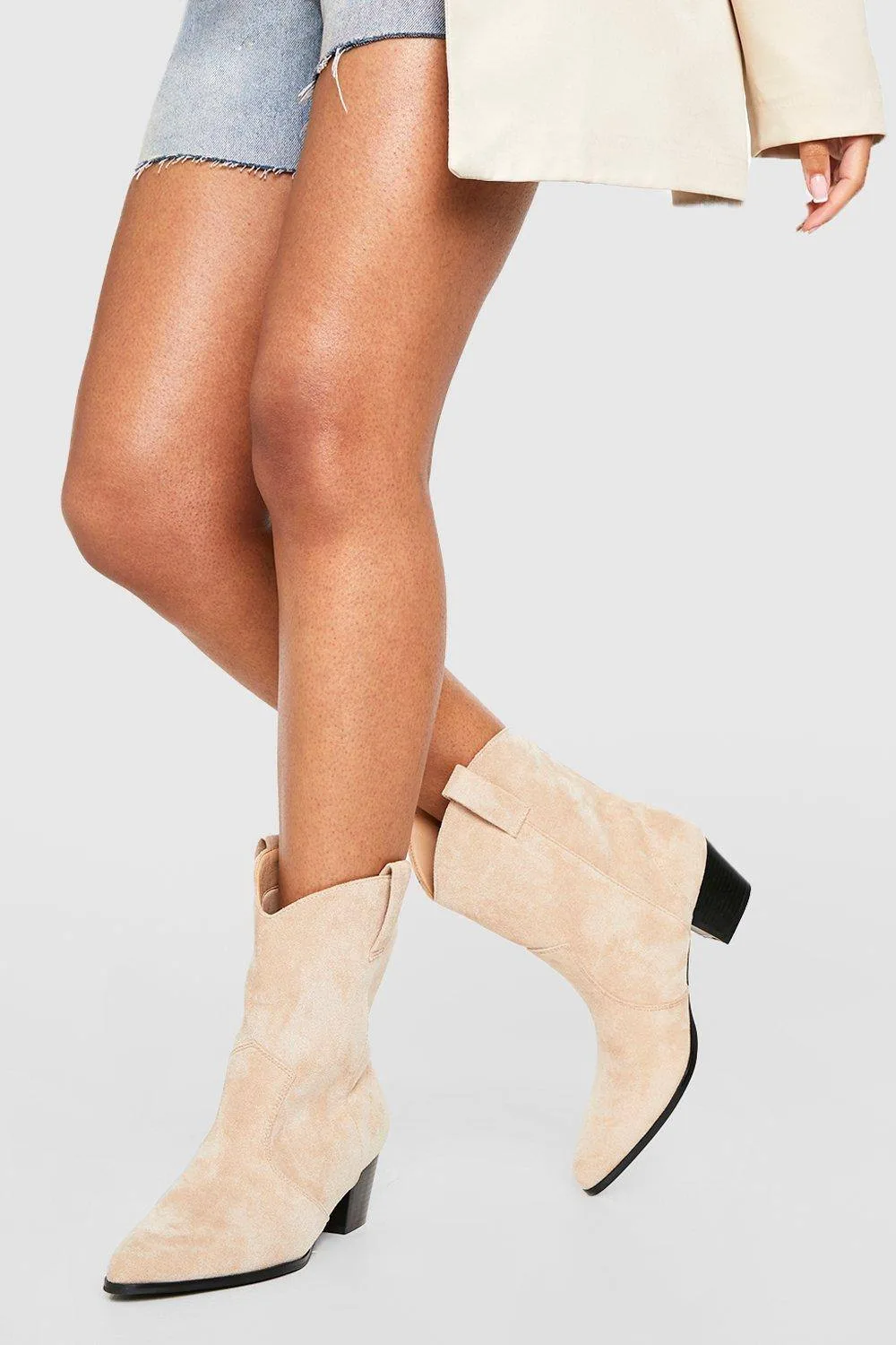 Faux Suede Tab Detail Western Cowboy Ankle Boots