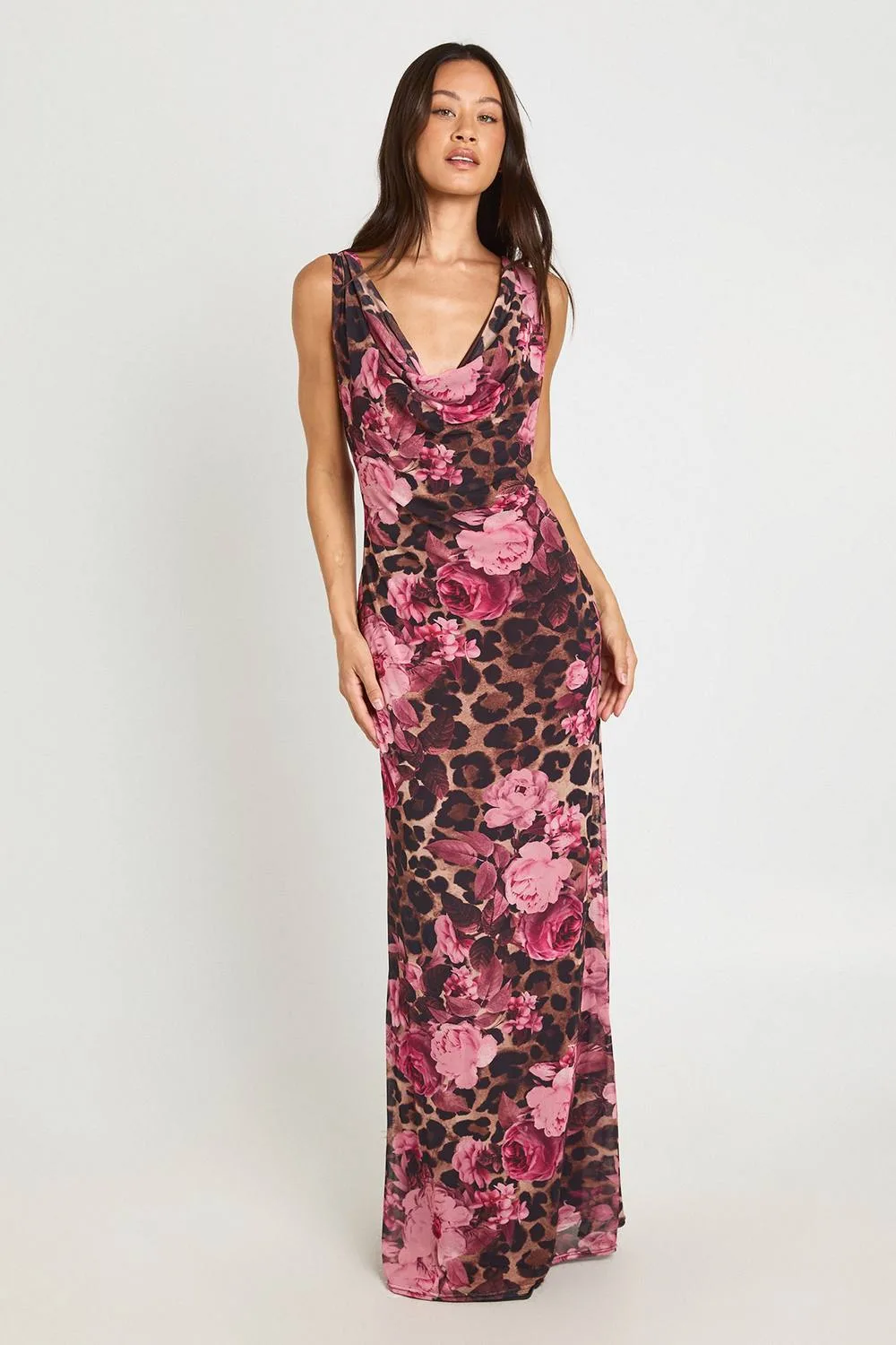 Mesh Leopard Floral Cowl Neck Maxi Dress