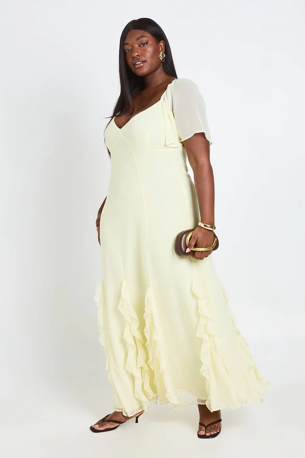 Chiffon Puff Sleeve Ruffle Maxi Dress