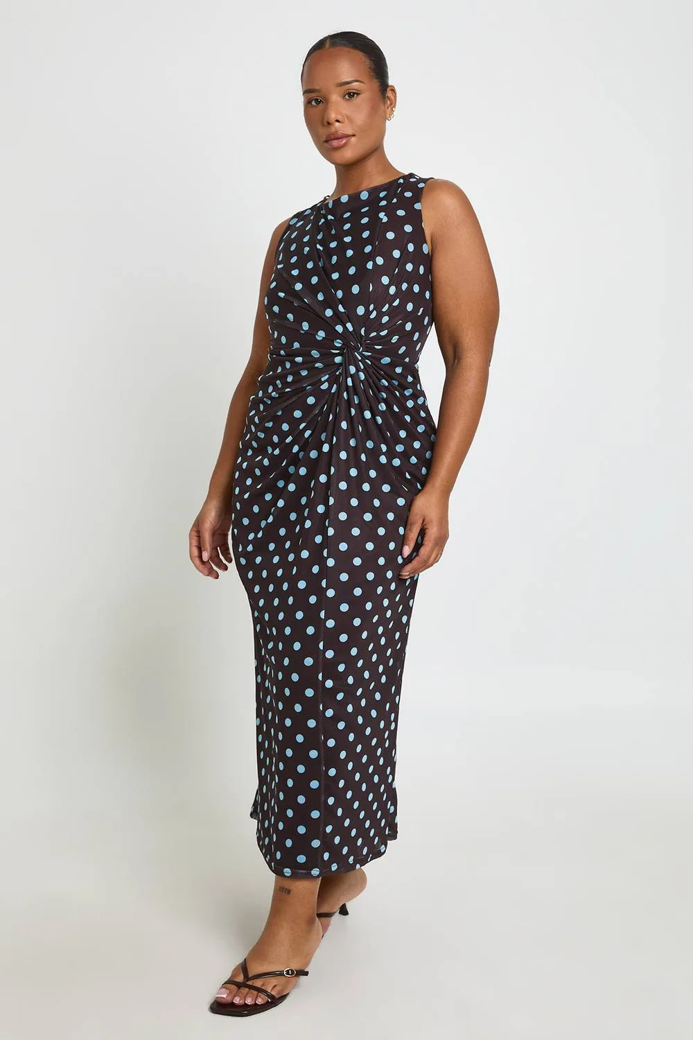 Polka Dot Mesh Twist Detail Midaxi Dress