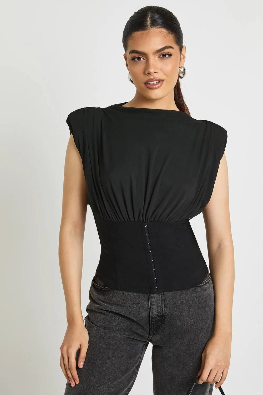 Mesh & Bengaline Boning Detail Hook & Eye Corset Top by boohoo