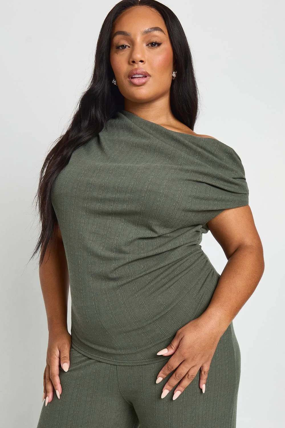 Ribbed Asymmetric Top & Wide Leg Trouser by boohoo