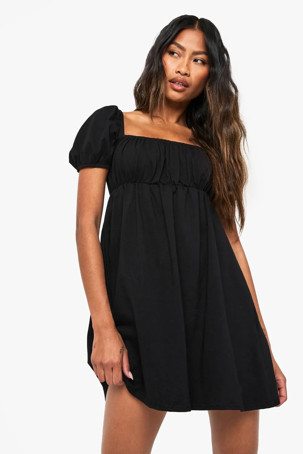 Puff Sleeve Cotton Smock Mini Dress by boohoo