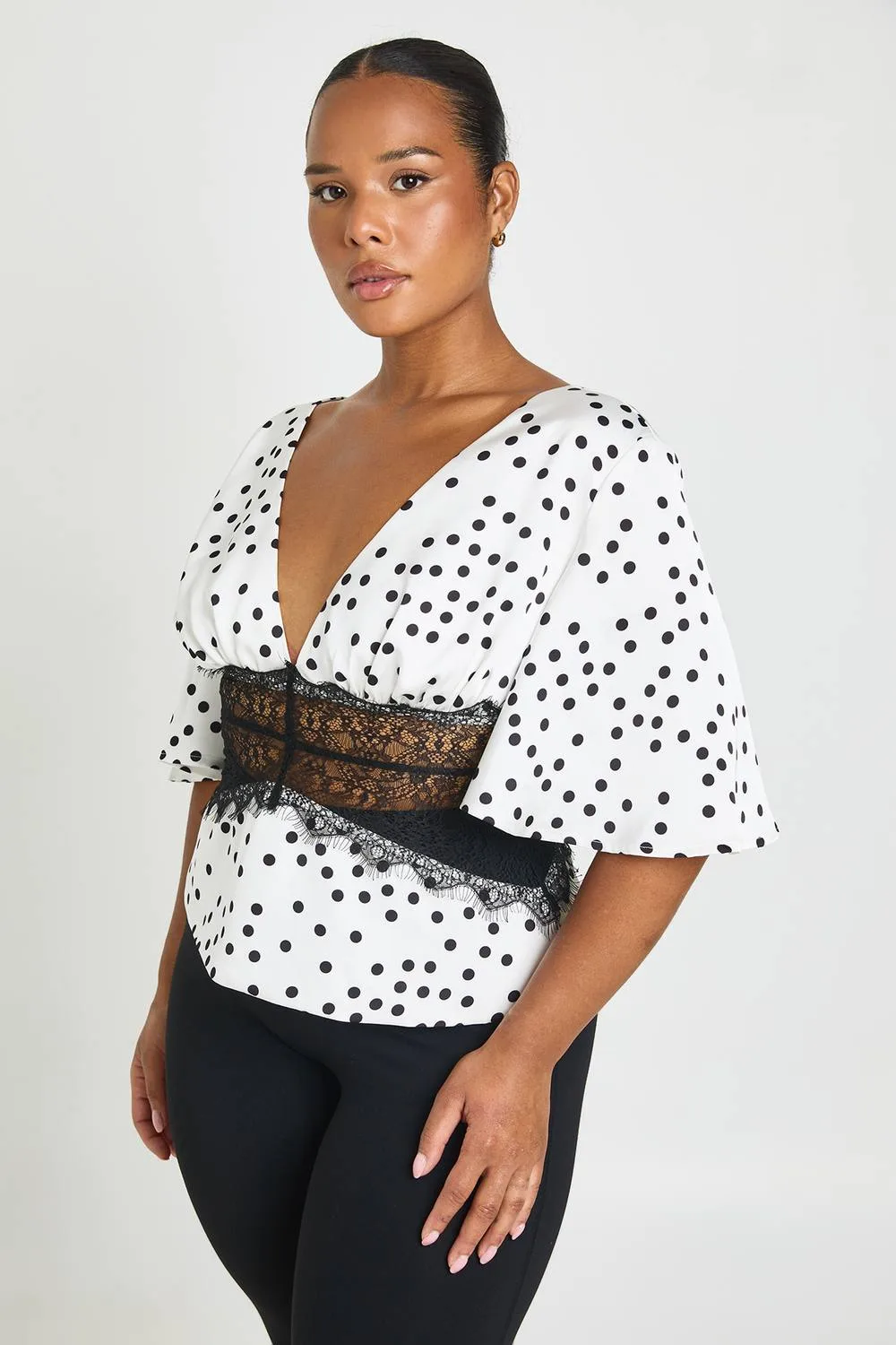 Polka Dot Satin Angel Sleeve Lace Panel Top by boohoo