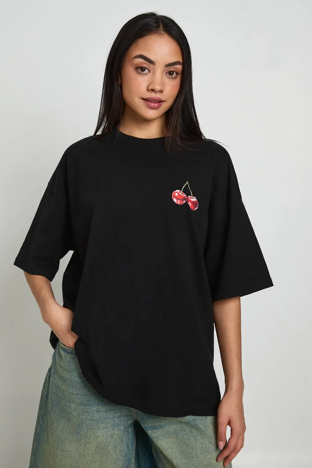 Cherry Print Front & Back Printed T-Shirt by boohoo