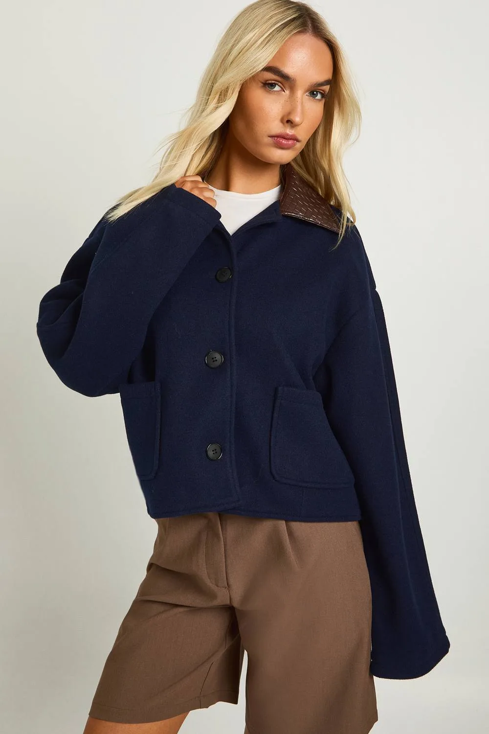 Wool Look Cropped Faux Leather Collar Jacket by boohoo