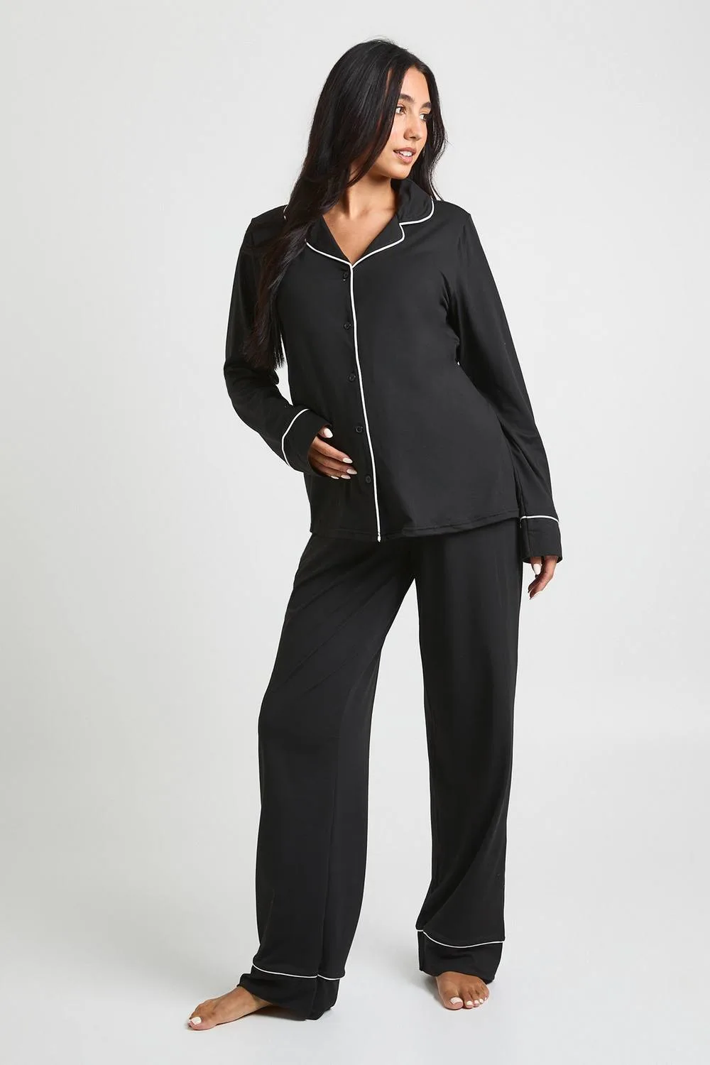 Maternity Piping Detail Long Sleeve Shirt & Trouser Pyjama Set