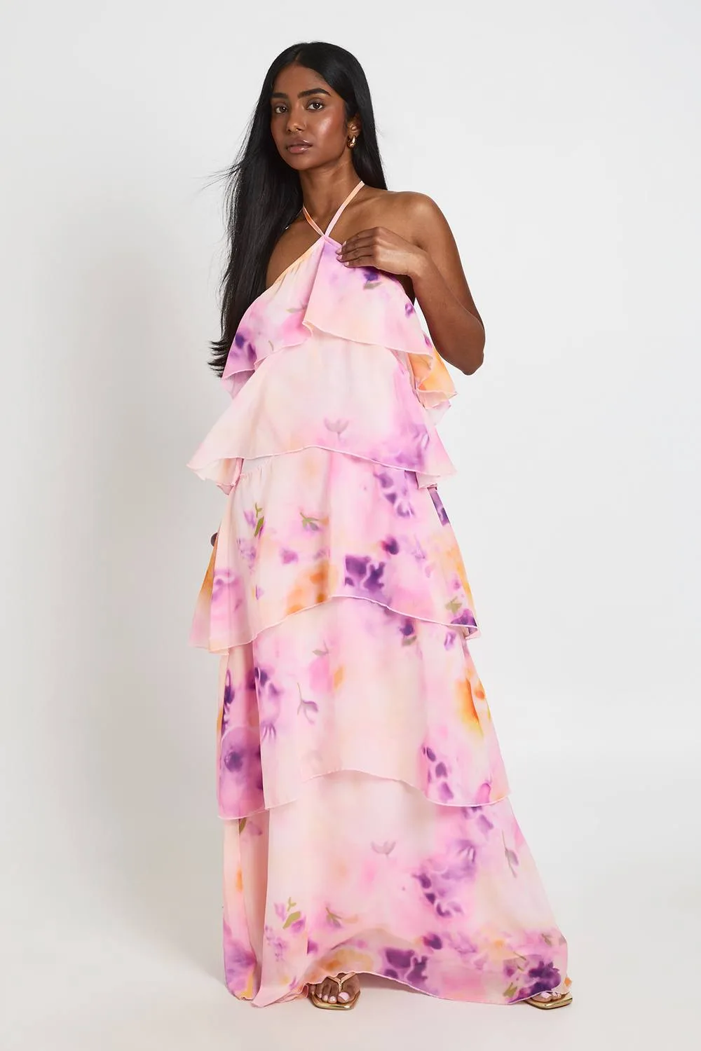Chiffon Floral Tiered Halterneck Maxi Dress