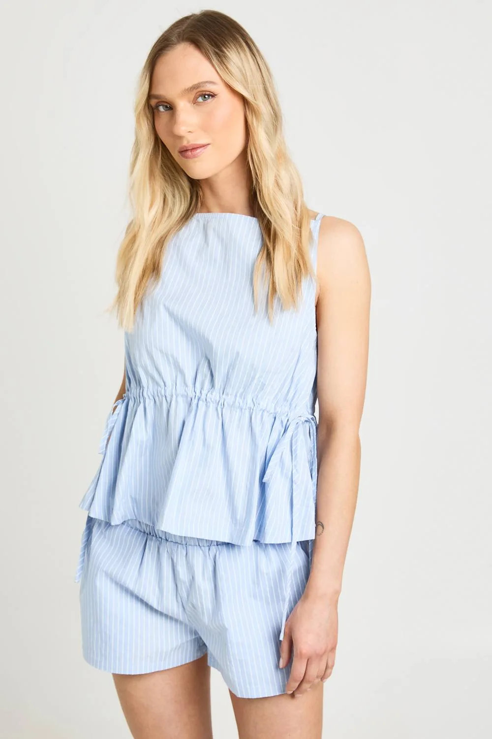 Boat Neck Stripe Tie Side Peplum Top by boohoo